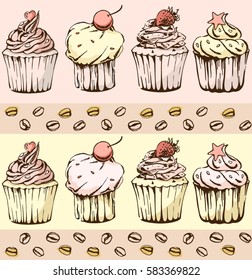 Set of cute vector cupcakes and muffins. Seamless cupcake pattern. Hand drawn background.