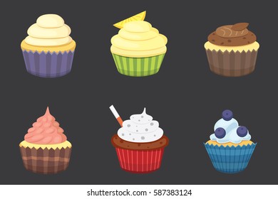 Set of cute vector cupcakes and muffins. Colorful cupcake isolated for food poster design.