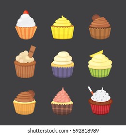 Set of cute vector cupcakes and muffins. Colorful cupcake isolated for food poster design.