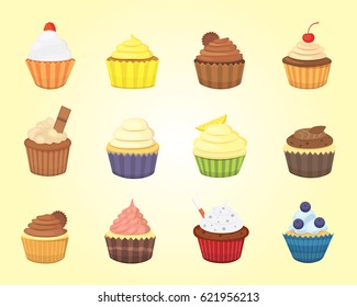 Set of cute vector cupcakes and muffins. Colorful cupcake isolated for food poster design.