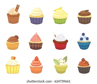 Set of cute vector cupcakes and muffins. Colorful cupcake isolated for food poster design.