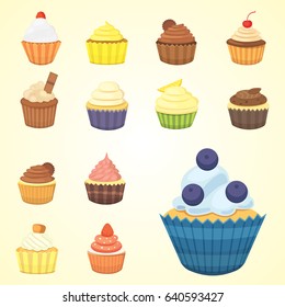 Set of cute vector cupcakes and muffins. Colorful cupcake isolated for food poster design.