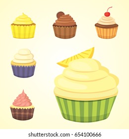 Set of cute vector cupcakes and muffins. Colorful cupcake isolated for food poster design.