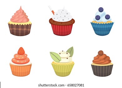 Conjunto de quequitos vectoriales y magdalenas. Pastelito colorido aislado para el diseño de afiches de comida.