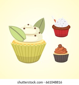Set of cute vector cupcakes and muffins. Colorful cupcake isolated for food poster design.