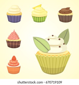 Set of cute vector cupcakes and muffins. Colorful cupcake isolated for food poster design.