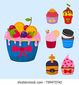 Set of cute vector cupcakes and muffins chocolate celebration birthday food sweet bakery party cute sprinkles decoration.