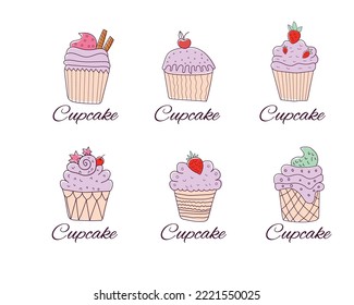 Set of cute vector cupcakes and yogurt logo type icon in doodle style