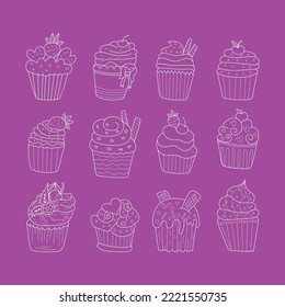 Set of cute vector cupcakes and yogurt icon in doodle style