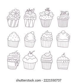 Set of cute vector cupcakes and yogurt icon in doodle style