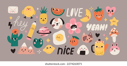 Set of cute vector design elements. Abstract funny characters with different words. 
Сollection of illustrations - cat, dog, rabbit, sushi, mushroom, heart, and others. All elements are isolated.