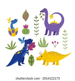 Set of cute vector dinosaur icons in flat doodle style