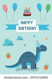 Set of cute vector dinosaurs illusrtation on postcards for happy birthday to a girl and a boy. Birthday decoration