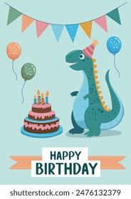 Conjunto de lindos dinosaurios de Vector ilustración en postales para feliz cumpleaños a una niña y un niño. Decoración de cumpleaños