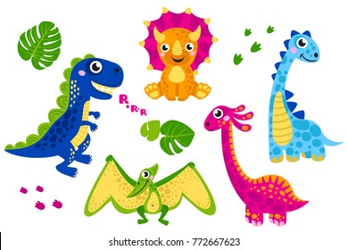 Set of cute vector dinosaurs isolated on white background. Cartoon dinosaurs, monster animal, dino,  prehistoric character. Vector illustration