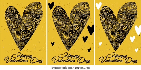 set of cute vector doodle decorative floral hearts with text happy valentines day and textured background. good for valentines day greeting card, poster, open card, invitation and other prints