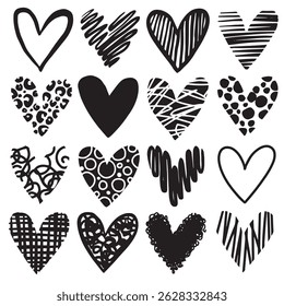 Conjunto de lindos corazones de Vector doodle. Ilustración en blanco y negro