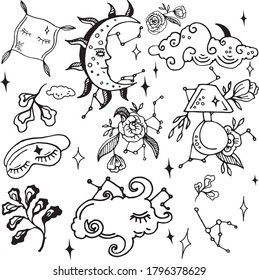 Set of cute vector doodle illustration  images on a summer night theme. Concept design for decoration.