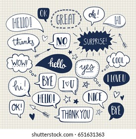 Set of cute vector doodle speech bubbles. Text illustration in hand drawn style. Hello, Love, Bye, Hi, Thank you, Sale, Yes, No, I love you, Nice, Cool.