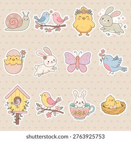 A set of cute vector Easter stickers for kids. Nature butterfly chicken rabbit egg Easter egg snail baby bird