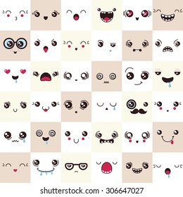 Set Of Cute Vector Faces, Different Emotions