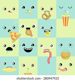 set of cute vector faces eating snacks