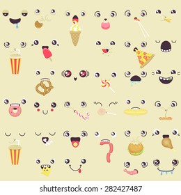 set of cute vector faces eating snacks