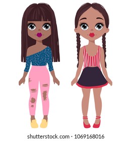 Set with cute vector fashion girls. Fashionable teens. Cartoon ladies. Colorful sketch illustration. Young pretty woman. Stylish girlfriends.