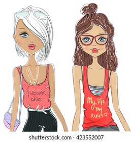 Set with cute vector fashion girls. Fashionable teens. Cartoon ladies. Colorful sketch illustration. Young pretty woman. Blonde and brunette.