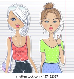 Set with cute vector fashion girls. Colorful sketch illustrationof Blonde and brunette. Pen drawing imitation 