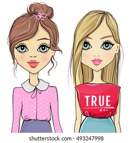 Set with cute vector fashion girls. Fashionable teens. Cartoon ladies. Colorful sketch illustration. Young pretty woman. Blonde and brunette. Beauty chicks. Casual outfit.