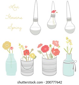 Set of Cute Vector Flower Clip Art in Mason Jars and Cans