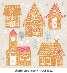 Set Of Cute Vector Gingerbread Houses