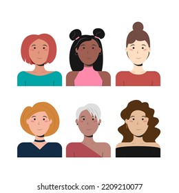 Set with cute vector girl avatar icon. Girls avatars set. Faces of female characters. Smiling young women. Vector hand drawn illustration.