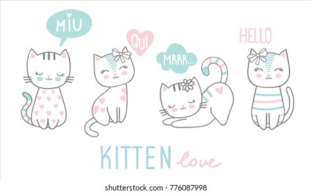 Set of cute vector girly kittens with lettering