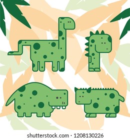 Set of cute vector green dinosaurs in jungle