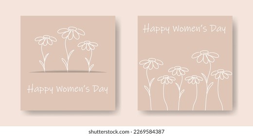 Set cute vector greeting cards for women's day  
Collection backgrounds and minimalistic line drawing flowers  