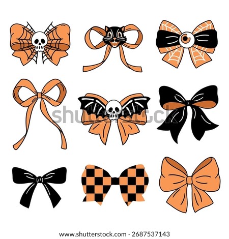 Set of cute vector Halloween bows. Hand drawn creepy Halloween clipart. Perfect for wallpaper or fabric print. EPS 10 vector file.