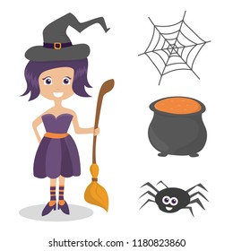 Set of cute vector Halloween elements, objects and icons for your design - vector spider webspider witch cauldron