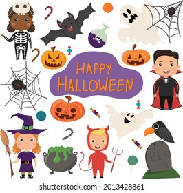 Set of cute vector Halloween elements for your design. Children in halloween costumes.