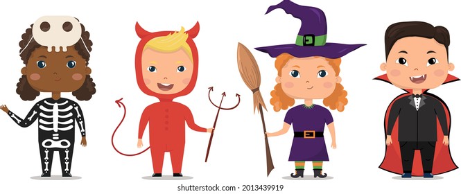 Set of cute vector Halloween elements for your design. Children in halloween costumes.