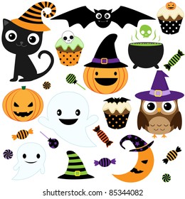 Set Of Cute Vector Halloween Elements, Objects And Icons For Your Design