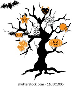 Set of cute vector Halloween icons in terrible tree.