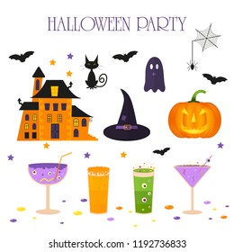 Set of cute vector Halloween icons of pumpkin, castle, cat, ghost, candy, bat, hat, cocktails. Elements, objects for holiday card, holliday invitation and party design.