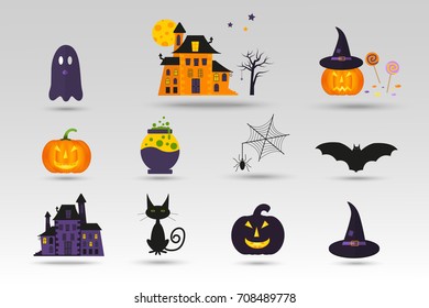 Set of cute vector Halloween icons of pumpkin, castle, cat, ghost, candy, bat, hat. Elements, objects for holiday card, invitation and party design.