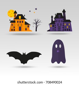 Set of cute vector Halloween icons of pumpkin, castle,  ghost, bat.  Elements, objects for holiday card, invitation and party design.