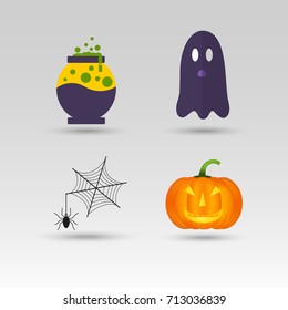 Set of cute vector Halloween icons of pumpkin, castle, cat, ghost, candy, bat, hat. Elements, objects for holiday card, invitation and party design.