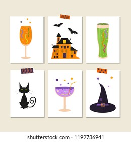 Set of cute vector Halloween stickers of pumpkin, castle, cat, ghost, candy, bat, hat, cocktails. Elements, objects for holiday card, holliday invitation and party design.