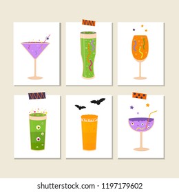 Set of cute vector Halloween stickers of pumpkin, castle, cat, ghost, candy, bat, hat, cocktails. Elements, objects for holiday card, holliday invitation and party design.