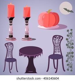 Set of cute vector Halloween table elements and objects for your design